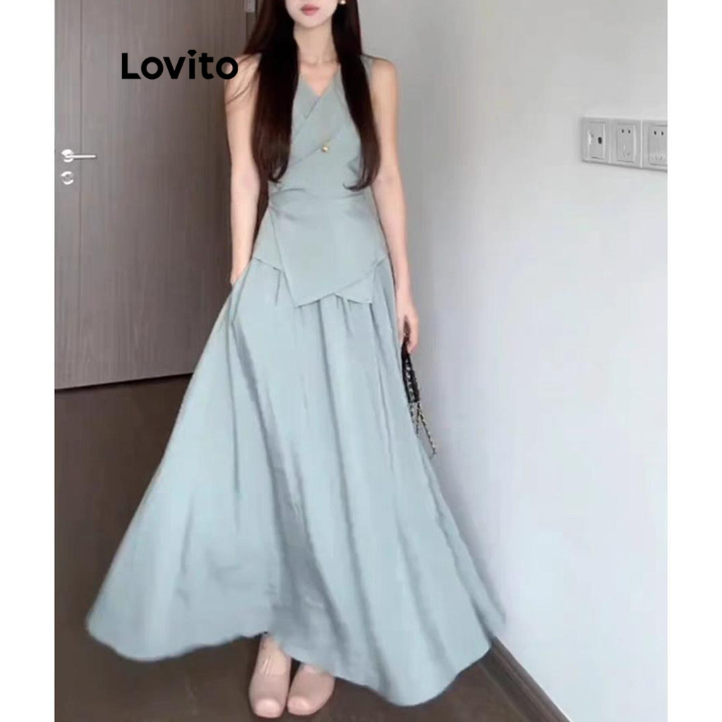 Lovito ชุดเซ็ทกระโปรงผู้หญิง แต่งจีบ สีพื้น สไตล์ลำลอง LNE71299