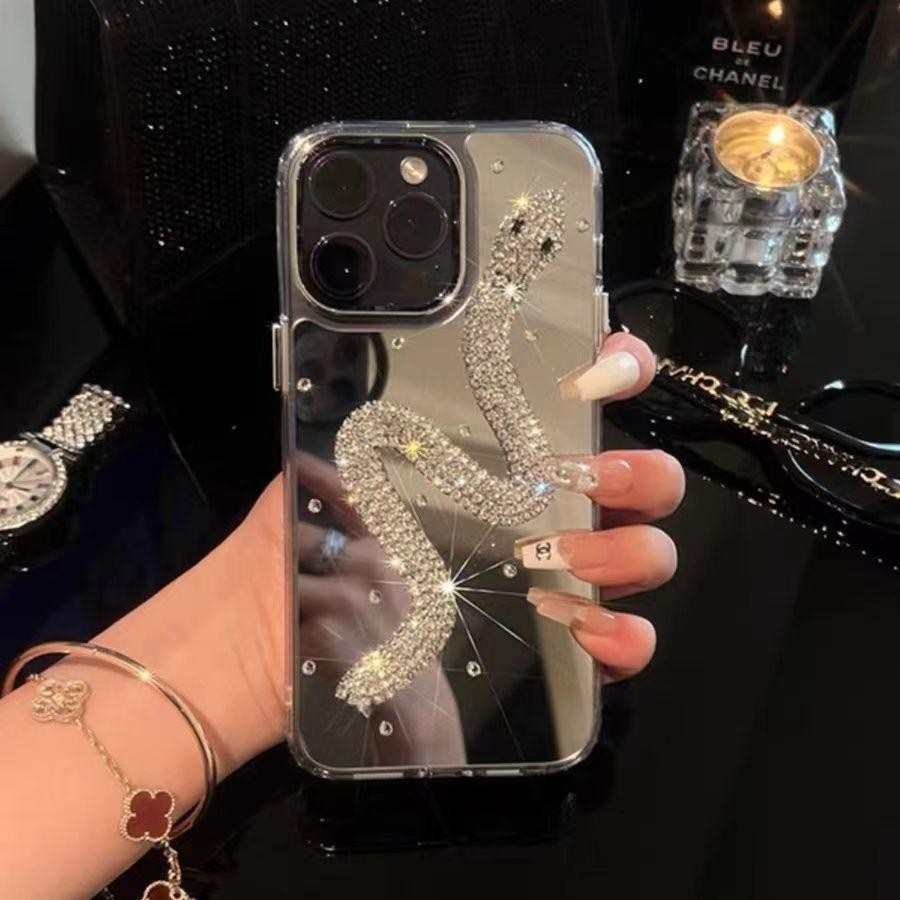 Sparkling Diamond Snake Mirror เคสโทรศัพท์อะคริลิค, ทําด้วยมือ, เหมาะสําหรับ IPhone 11 12 13 14 15 16 Pro Max Plus Anti Drop ฝาหลัง