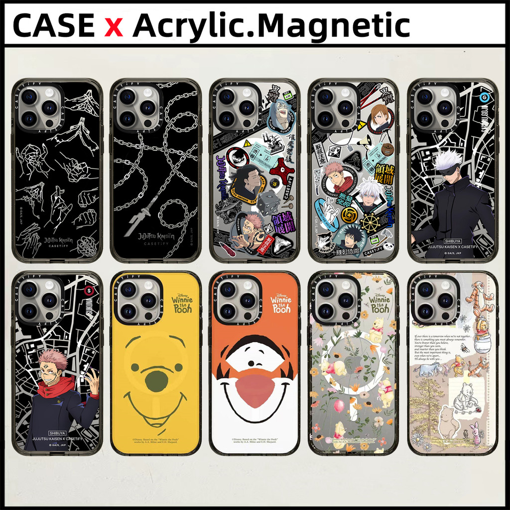 Casetifyjujutsu Kaisenอะคริลิคแม่เหล็กสําหรับiPhone 15 16 Pro Max 14 15 16 PlusกรณีWinnnie the pooh Bear Tiggerแฟชั่นแกะสลักด้านข้างตัวอักษรฝาครอบป้องกัน