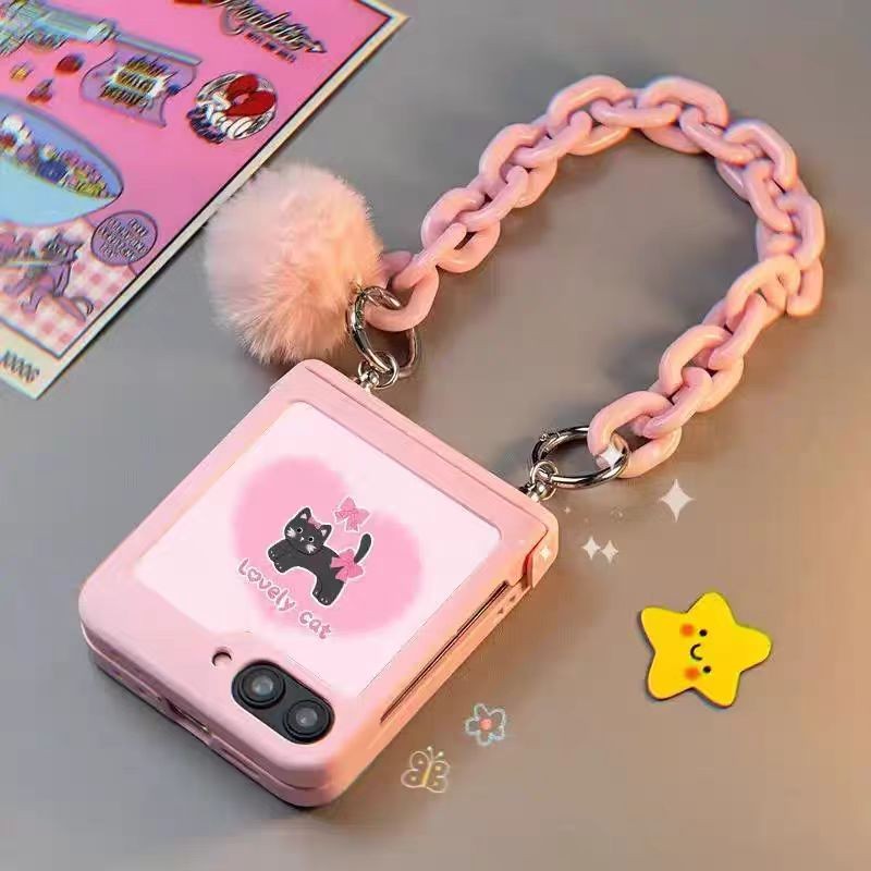 Slim Matte Hard PC เคสโทรศัพท์สีชมพู Samsung Galaxy Z Flip 6 Z Flip 5 Z Flip 4 Z Flip 3 เคสพร้อมสร้อยข้อมือลูกผมเต็มบานพับกันกระแทกฝาหลัง Flip6