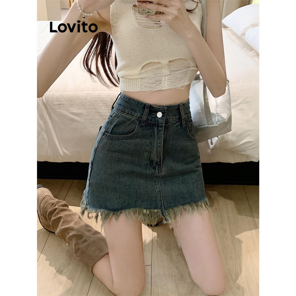 Lovito กระโปรงยีน ลําลอง แต่งขอบเรียบ สําหรับผู้หญิง LNA59478