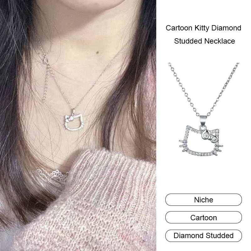 bessla.th Cartoon Kitty Diamond Studded สร้อยคอแฟชั่น Girl Heart Clavicle Chain Niche Sweater Chain
