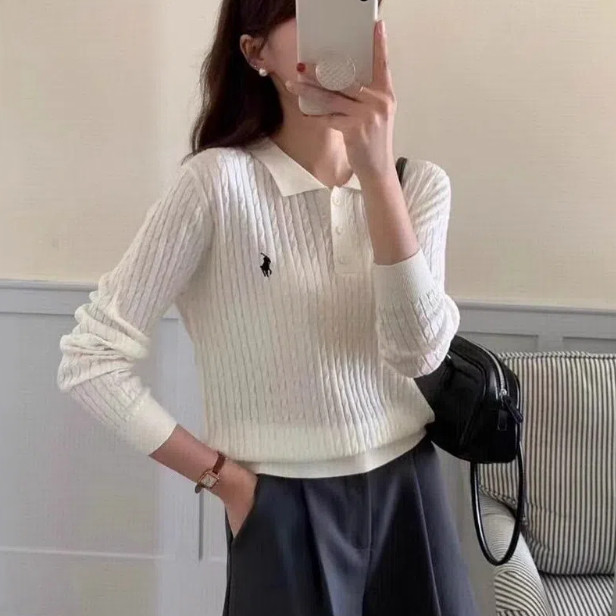 แขนยาว+แขนสั้นโปโลคอม้าปักเสื้อกันหนาวสําหรับผู้หญิงเสื้อถักแขนยาวเสื้อสวมหัวด้านบน