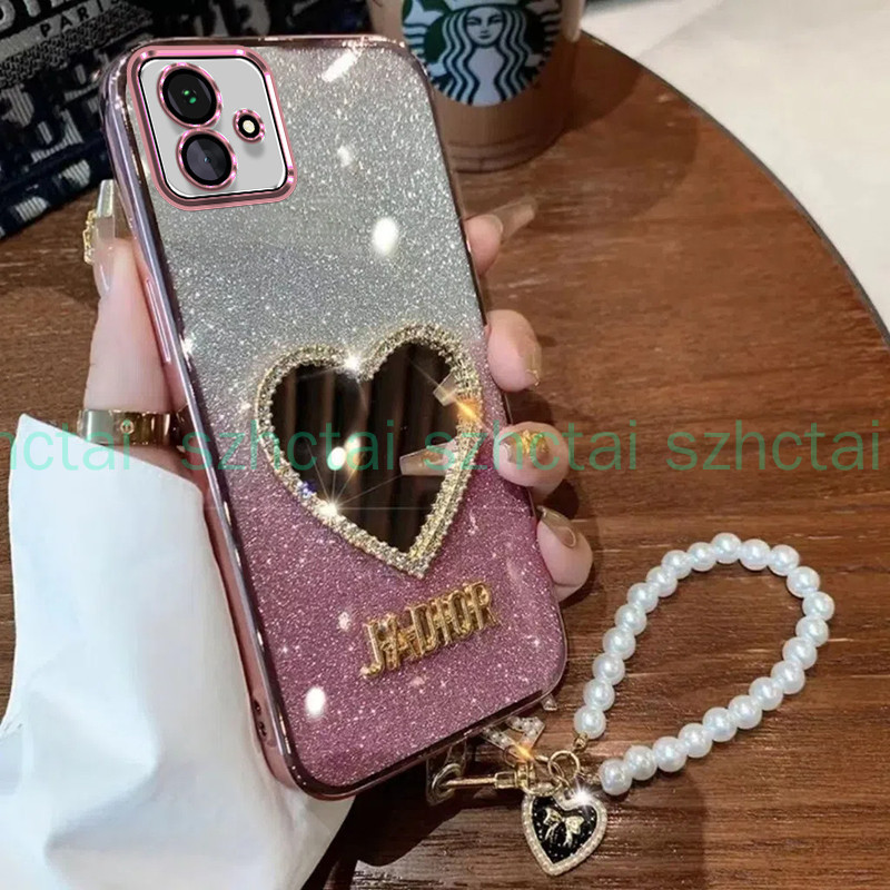 เคส Samsung A06 A05 A04 A03 A03S A02S หรูหราเครื่องสําอางแต่งหน้ารักกระจกเคสนิ่มพร้อมสร้อยข้อมือเชือ