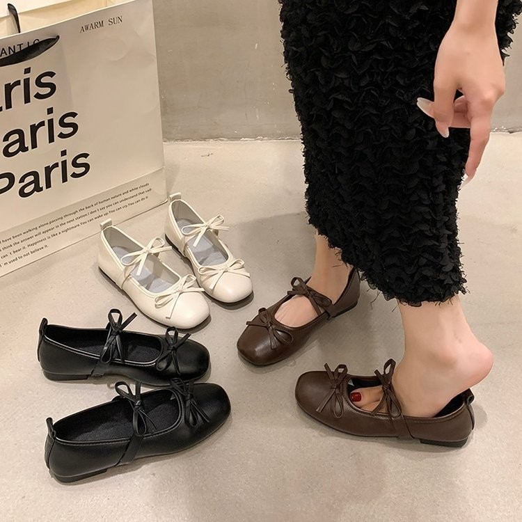 รองเท้ามุลเลอร์ ส้นแบน หัวมน กันลื่น สวมใส่สบาย ตกแต่งโบว์ สไตล์เกาหลี