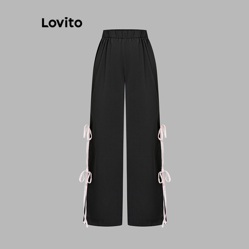 Lovito กางเกงผูกหน้าแบบผูกธรรมดาน่ารักตัดออกคอนทราสต์สำหรับผู้หญิง L106AD246