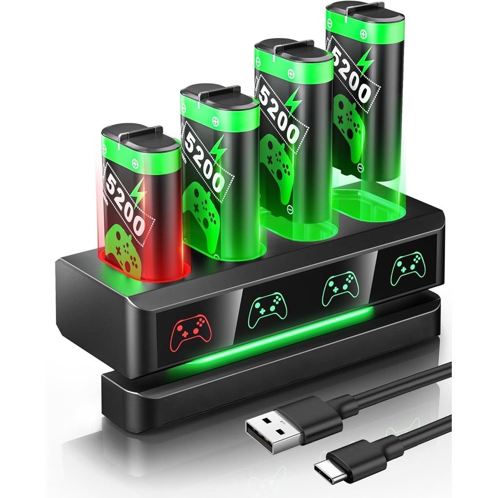 ชุดแบตเตอรี่แบบชาร์จไฟได้สําหรับ XboxOne/XboxSeries X|S: แบตเตอรี่ 4 x 5200mWh สําหรับ Xboxs, อุปกรณ์เสริมแบตเตอรี่คอนโทรลเลอร์พร้อมเครื่องชาร์จคอนโทรลเลอร์สําหรับ XboxOne S|เอ็กซ์/อีไลท์