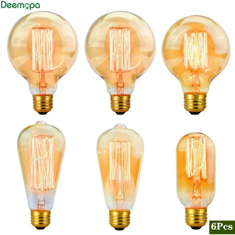 6pcs/lot Retro Edison Bulb C35 T45 ST64 G80 G95 A60 Filament Light 40W E27 Vintage Ampoule Incandesc