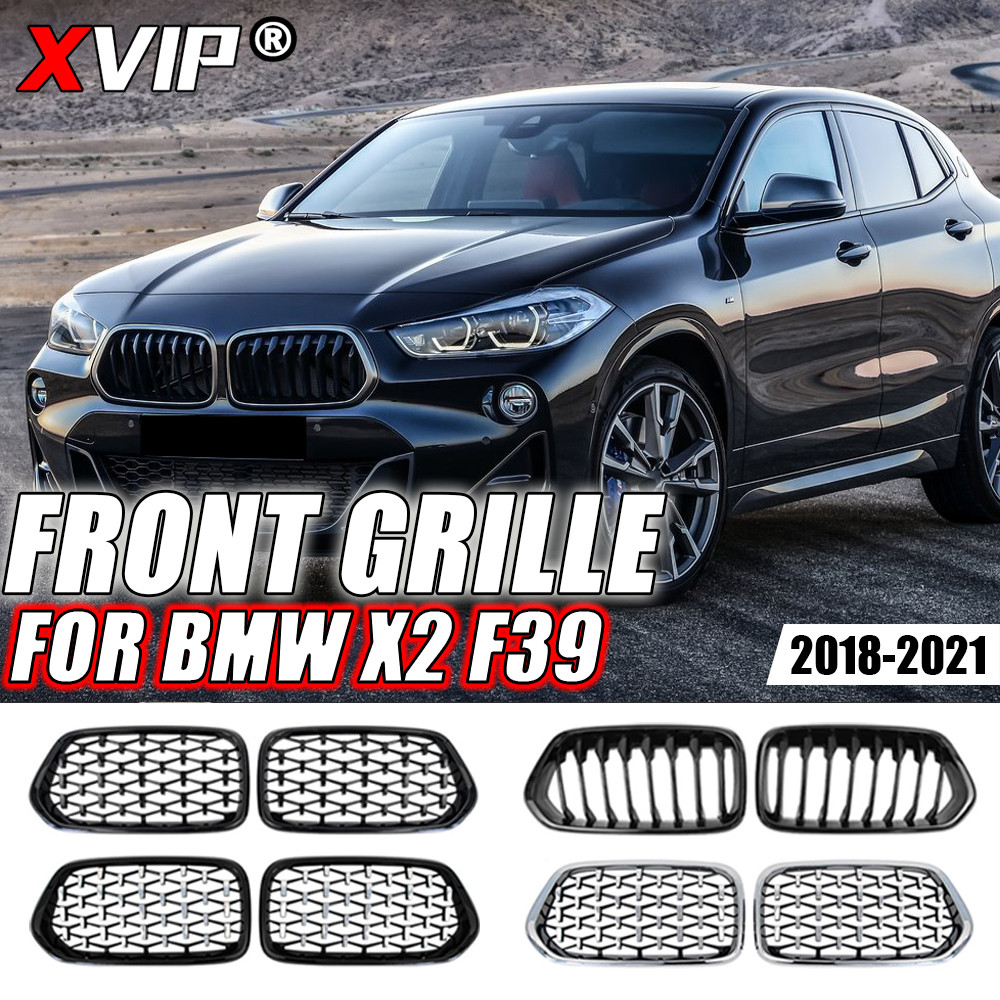 Xvip Chrome Silver Diamond สไตล์กระจังหน้าสําหรับ BMW X2 F39 2018-2021 สีดําเงาสายเดียวสไตล์ Upper Racing Grills