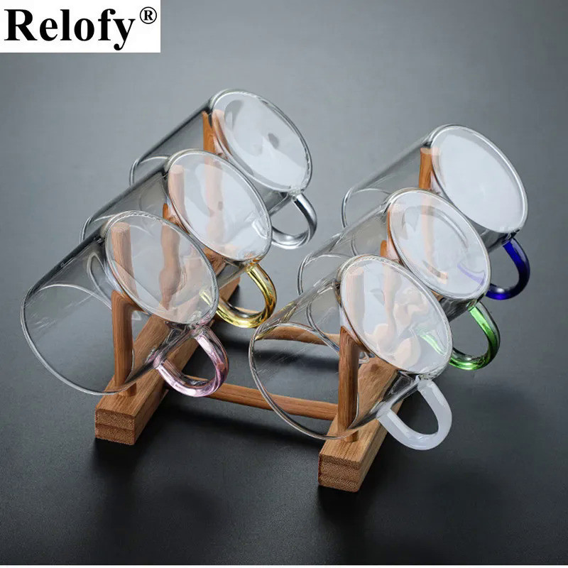 6pcs Glass Tea Cup with 1pcs Shelf Students Glasses Small Milk Water Mug with Handle Family Coffee M