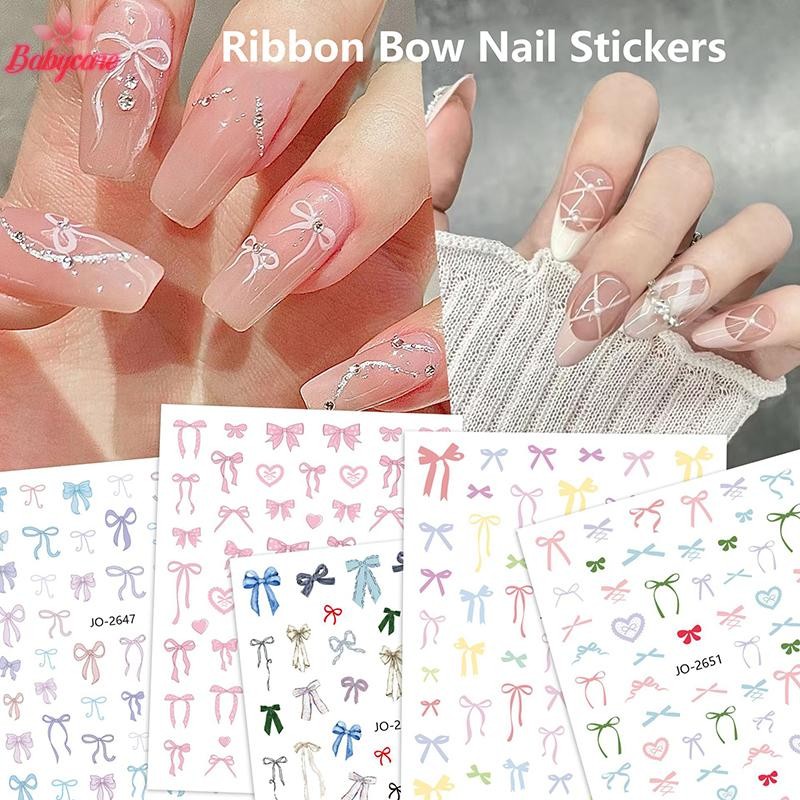 Byce> โบว์เล็บสติกเกอร์ Kawaii ยาวริบบิ้น Bowknot Self กาว DIY เล็บสติกเกอร์ตกแต่ง Decals ใหม่