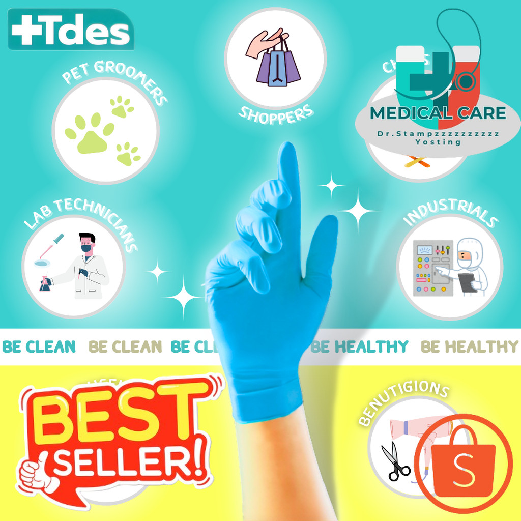 Dr.Stampz_Tdes Nitrile Gloves ถุงมือยางไนไตรต์ สีฟ้า ไม่มีแป้ง เกรดทำอาหาร 100ชิ้น_Dr.Stampz