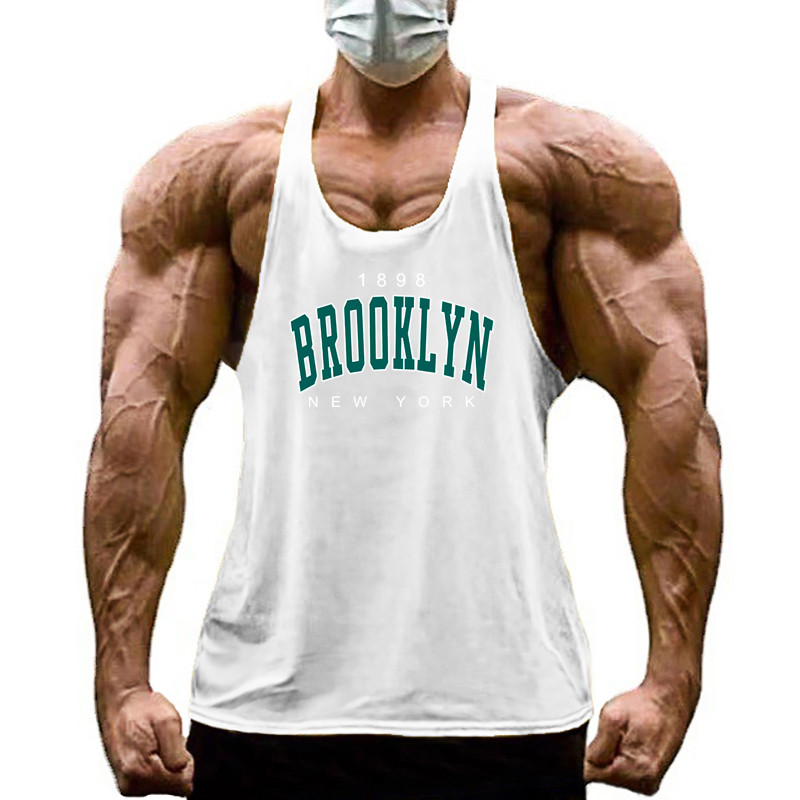 1898 Brooklyn New York พิมพ์บุรุษฟิตเนสลําลองเสื้อยืดแขนกุดยิมเพาะกายผ้าฝ้าย Cool Breathable Y-back Tank Tops