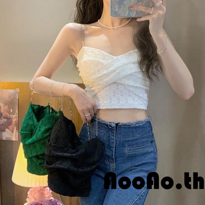 Aooao-เสื้อเกาะอกผู้หญิงสีพื้นเกาะอกครอปเกาะอกพร้อมสายโซ่รูปหัวใจแบบถอดได้