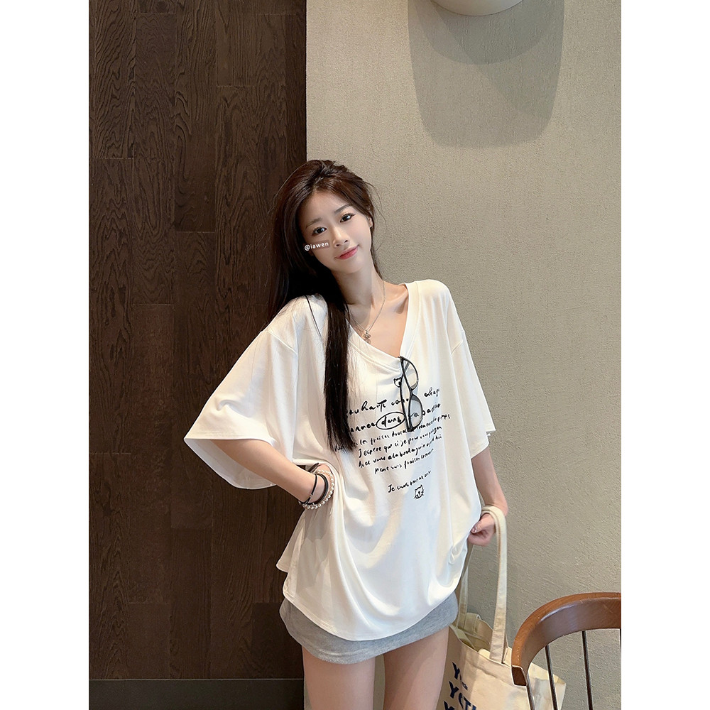 TAYCEN M-2XL แขนสั้น เสื้อยืด ผู้หญิง  ฝ้าย เสื้อ คอวี oversize เกาหลี โอเวอร์ไซส์
