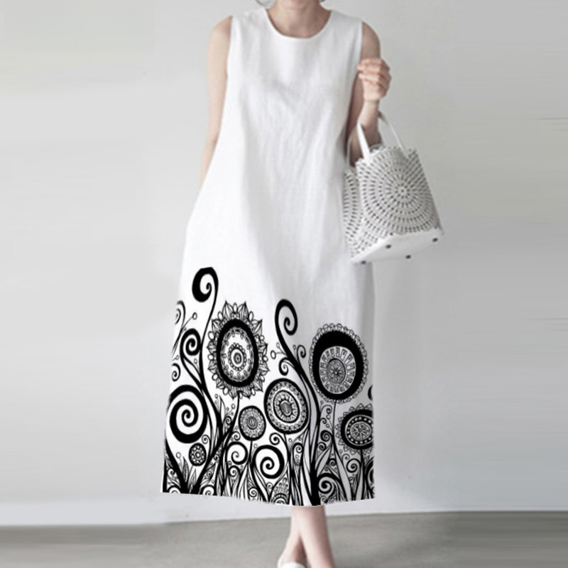 ชุดเดรสพิมพ์ลายกราฟิกคอกลม สไตล์เกาหลี แขนกุด midi A-line สำหรับผู้หญิง