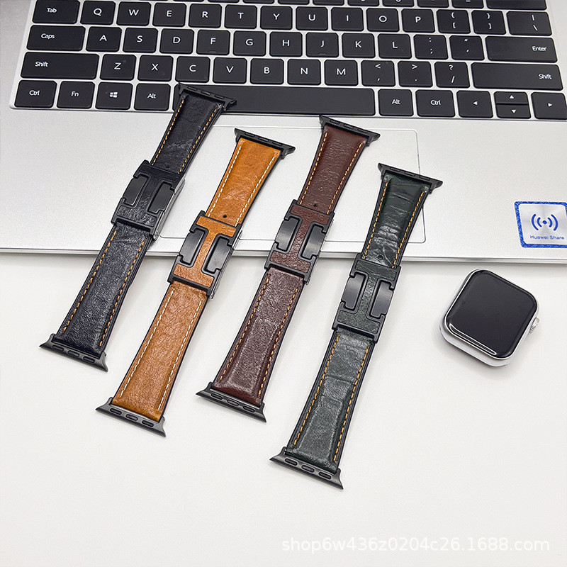 Ins เหมาะสําหรับ Apple Watch AppleiwatcH Buckle หนังแท้ Burst Crack Strap S10 สบาย UltraS9