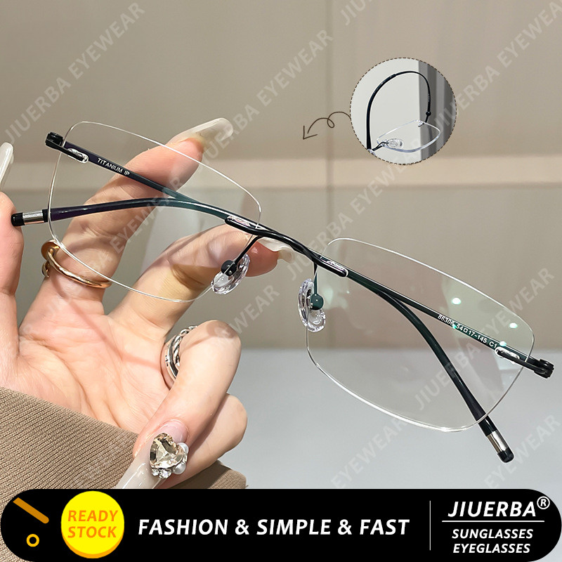 (JIUERBA) แว่นตาแฟชั่น Rimless Semi-Titanium ป้องกันแสงฟ้า สไตล์เรโทร สำหรับทั้งชายและหญิง