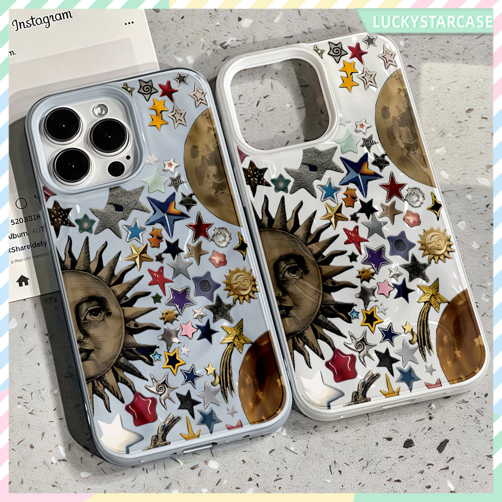 เคสโทรศัพท์หรูหรา For iPhone 11 12 13 14 15 16 Pro Max 7 8 6 Plus XS XR X รูปแบบดวงอาทิตย์ เกาหลีสีทึบซิลิโคนสีฟ้า Case