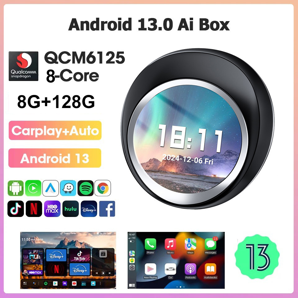 CarPlay AI กล่อง 8G + 128G Android 13 QCM6125 ไร้สาย CarPlay Android Auto 4G LET HDMI video converte