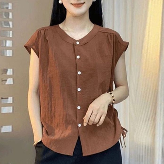 เสื้อแขนกุดผู้หญิงแฟชั่นปุ่มหน้า