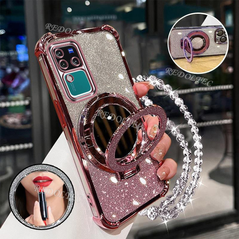 กรณี VIVO V30 V30Pro 5G ใหม่Gradient Glitterปลอกกระจกแต่งหน้าแม่เหล็กขาตั้งผู้ถือVIVO V30 Pro VIVOV30 เลนส์ป้องกันเชือกเส้นเล็กวงเล็บกันกระแทกฝาครอบโทรศัพท์