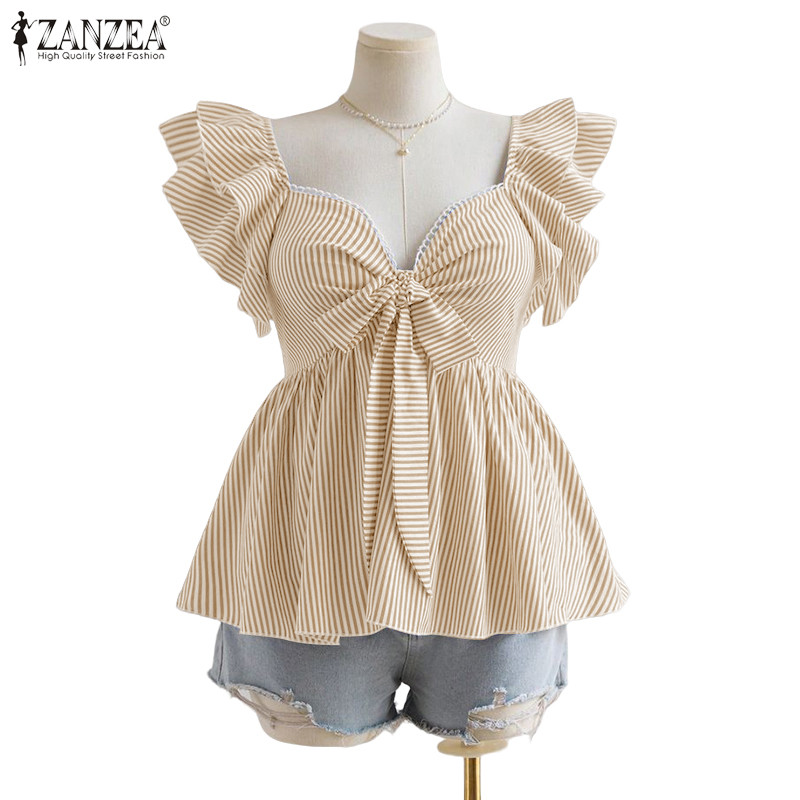 Zanzea ผู้หญิง Korean Style กระโปรงเชิ๊ตแพทช์เวิร์ค สไตรป์ ระบายพอง