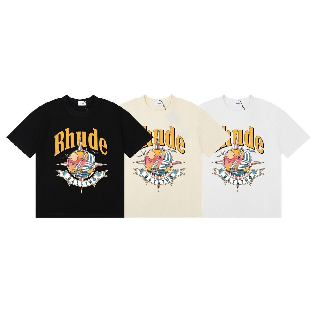 เสื้อยืดแขนสั้นผ้าฝ้าย 100% Rhude Sailing สำหรับผู้ชายและผู้หญิง พร้อมสต็อก