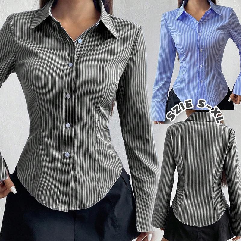 C&T#เสื้อเชิ้ตแขนยาวทรงเข้ารูปสำหรับผู้หญิง เสื้อเชิ้ตแขนกระดิ่งลายทาง เอวเข้ารูป เรียบหรูและใช้งานได้หลากหลาย#w619