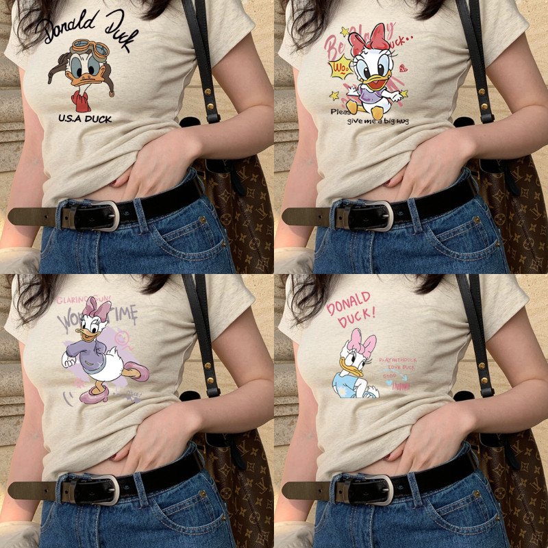 (COD ส่งจากไทย) baby tee เสื้อที-เชื่อผ้าฝ้ายแบบอเมริกันสำหรับผู้หญิง สไตล์แขนสั้น สีซันมีการพิมพ์ลายลักษณะ สำหร