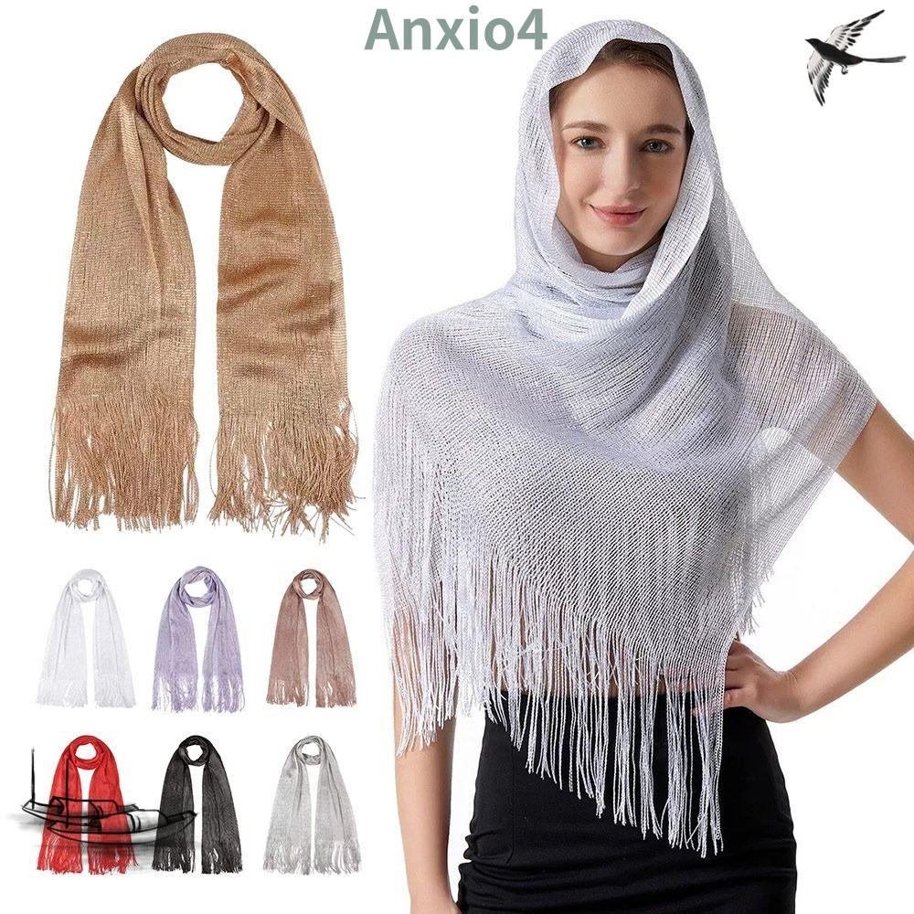 ANXIO4 ผ้าพันคอลายพู่ทำจากผ้าไหม พู่สีทองเงางาม เหมาะสำหรับงานแต่งงานและชุดราตรี