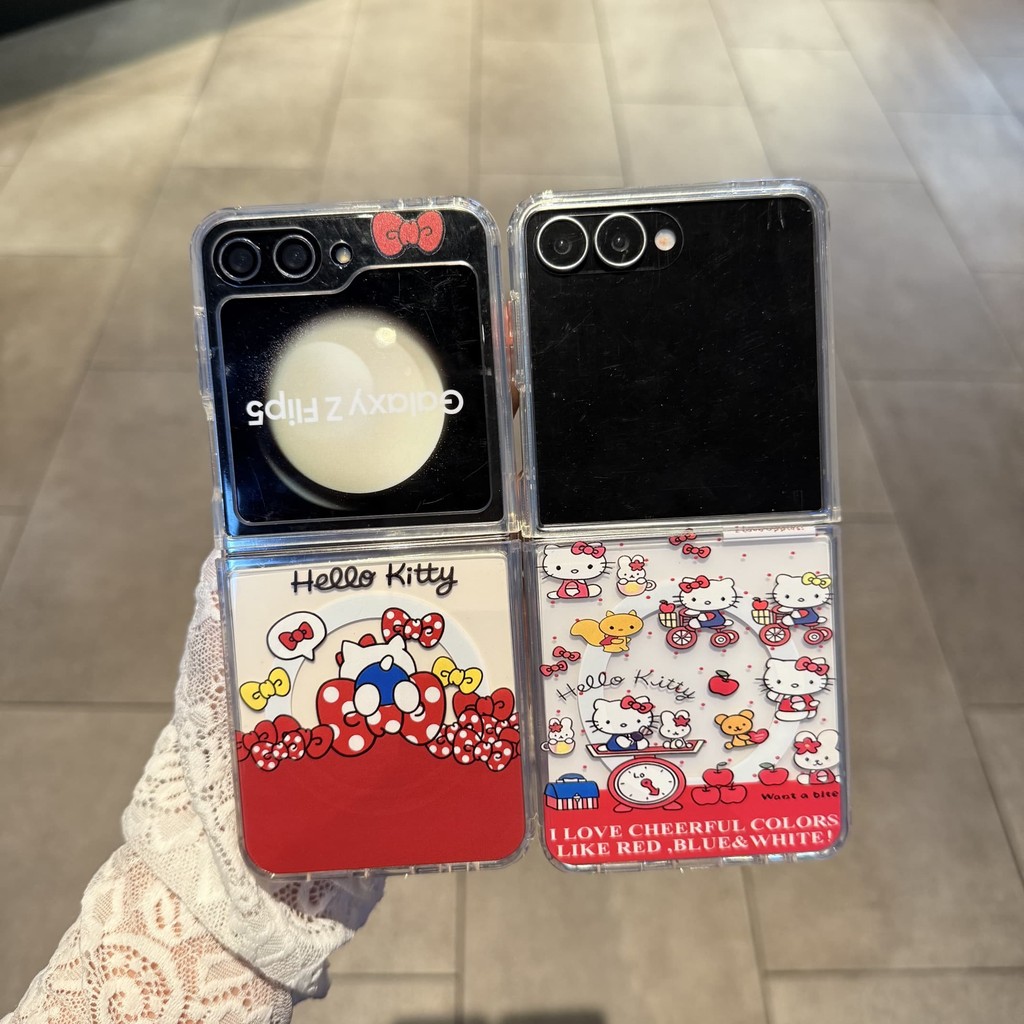 Flip7 for Samsung Galaxy Z Flip6 เคสแม่เหล็กน่ารักการ์ตูนโบว์ Hello Kitty พร้อมโซ่วงเล็บกรณี Samsung Z Flip 5 Flip 4 กันกระแทกโทรศัพท์ความคิดสร้างสรรค์กรณีฝาครอบ