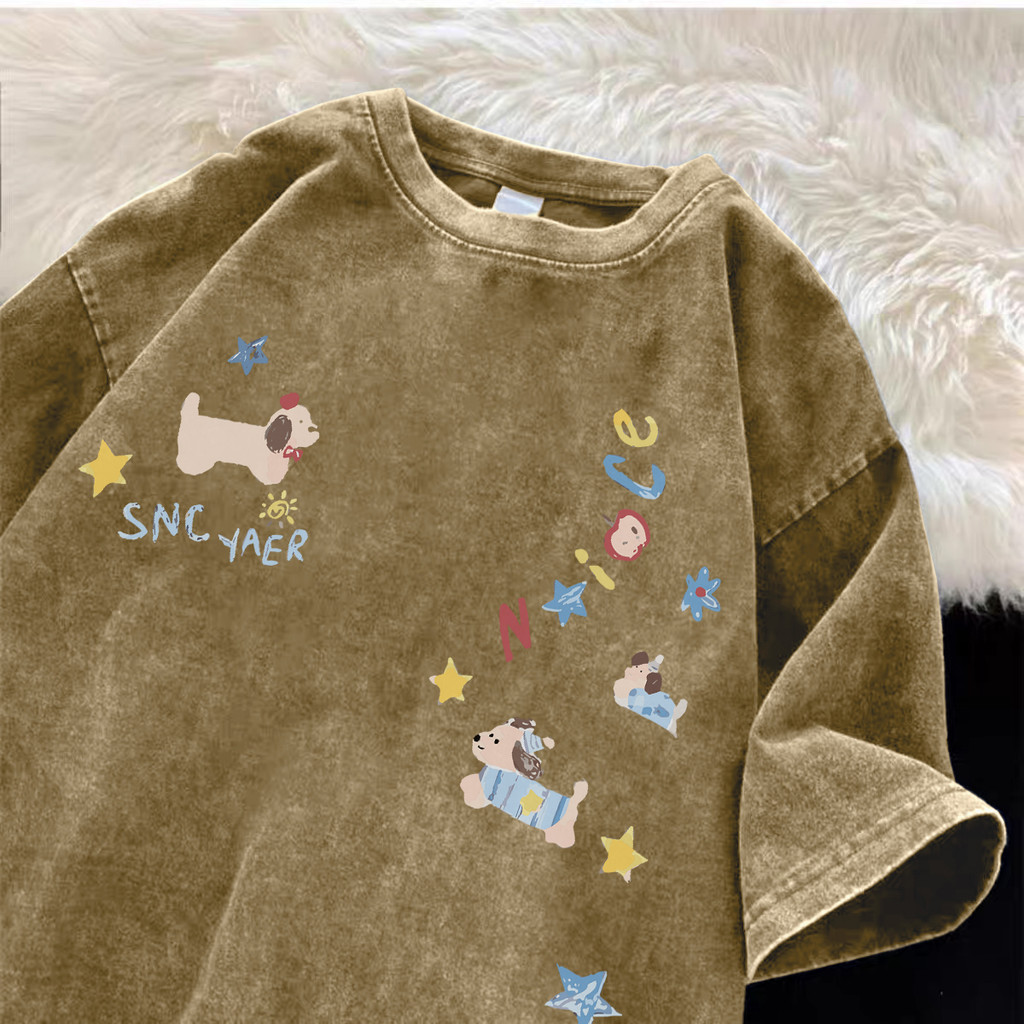 Pofloret เสื้อยืดฟอก ลายการ์ตูน oversize ผ้าฟอกวินเทจ กากี สไตล์ฮิปฮอป เรโทร (รูปแบบการพิมพ์ลูกสุนัขที่สร้างสรรค์) I005736