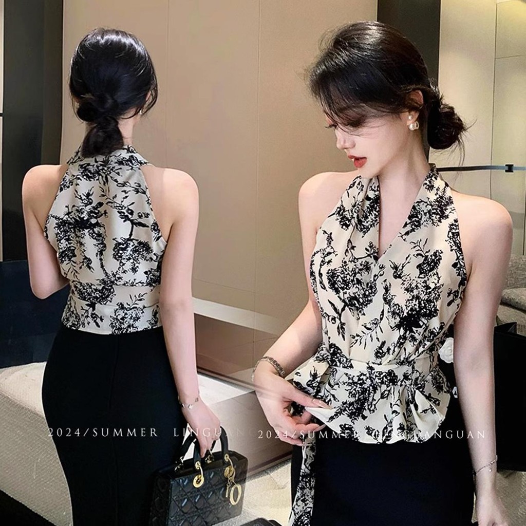 Chili Kok เสื้อกั๊กคอวีแขนกุดลายดอกไม้สำหรับผู้หญิง ดีไซน์เก๋ไก๋สไตล์ฝรั่งเศส เสื้อเชิ้ตตัวเล็กสวยงาม 99155