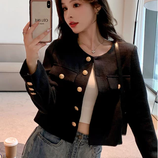 เสื้อทวิต คาร์ดิแกน กระดุม เบลเซอร์ เสื้อคลุม สไตล์หรูหรา สีดํา สไตล์เกาหลี มีกระเป๋า ผู้หญิง แจ็คเก็ต มีกระเป๋า