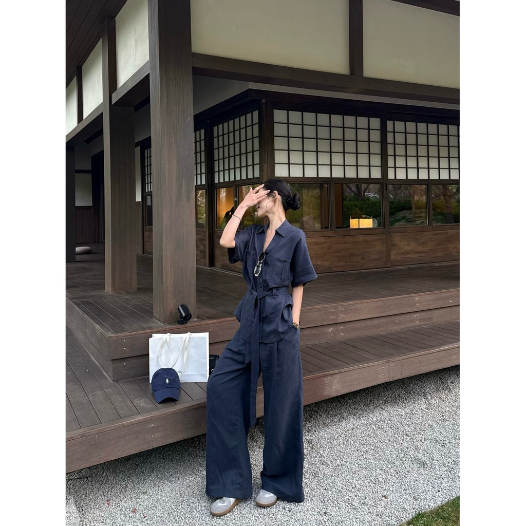 Yiyi Old Money Laced-Up เสื้อแขนสั้นผู้หญิงฤดูร้อน Drawstring กางเกงขากว้างกางเกงลําลอง 2-