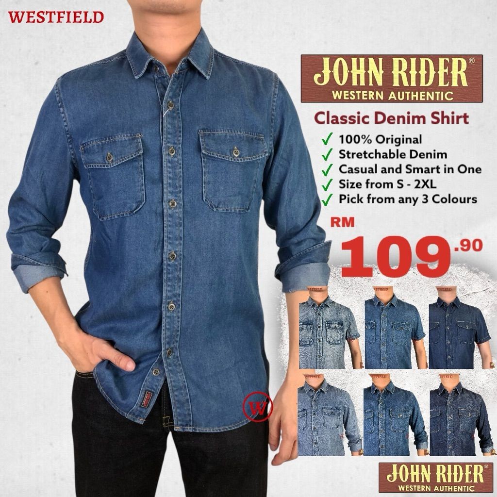 มาใหม่ล่าสุด John Rider Mens Signature Slim Fit Classic Western Denim Shirt ( 71018 ) Kemeja Jeans
