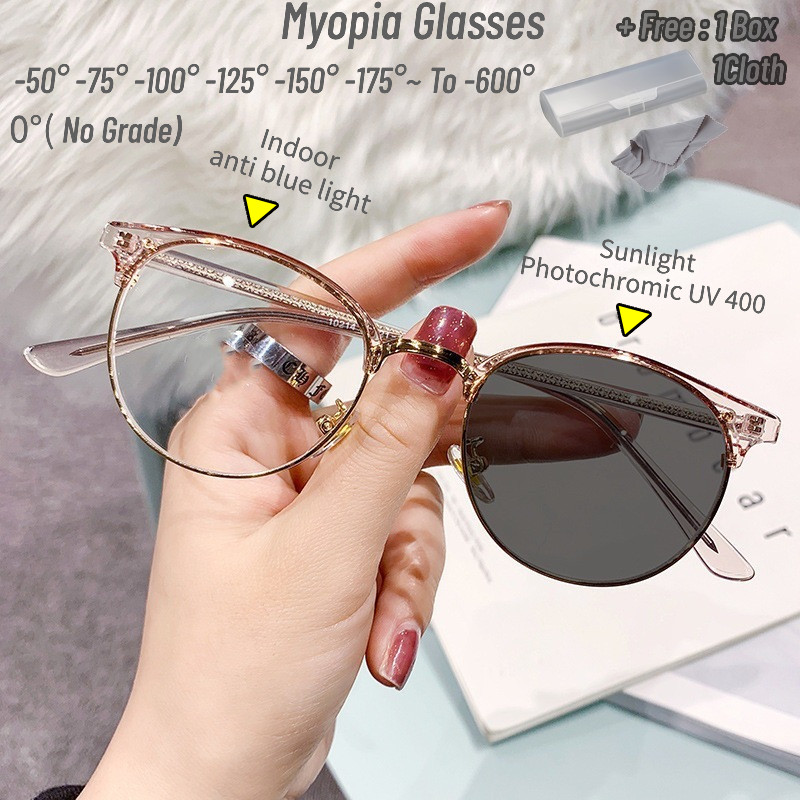 0~ -600° แว่นตาป้องกันรังสีแบบโฟโตโครมิกสําหรับผู้หญิงแว่นสายตาสั้นป้องกันดวงตาเลนส์เกรด