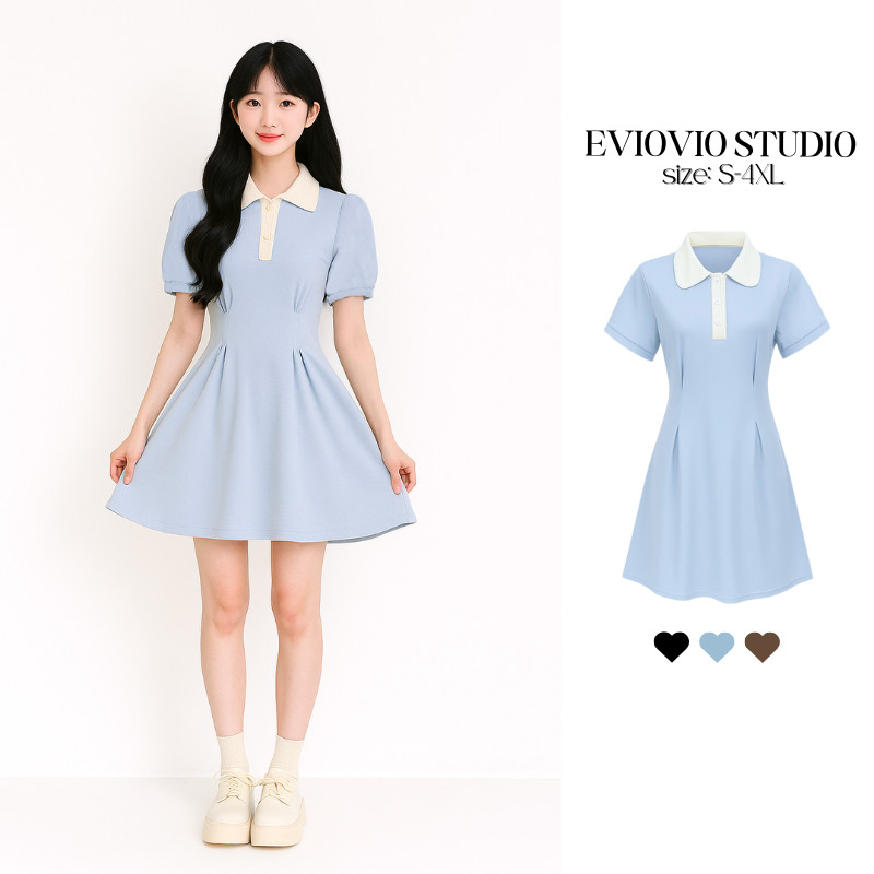 【EVIOVIO】 S-4XL เดรสโปโล คอปกสีขาวครีม เดรสสั้นแขนสั้นสไตล์เกาหลี เดรสคอปกทรงสุภาพ สไตล์สปอร์ต