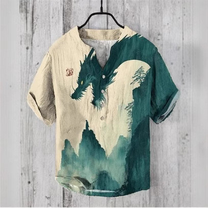 เสื้อเชิ้ตแขนสั้นคอวี สไตล์ย้อนยุคญี่ปุ่น Ukiyo-e ทำจากผ้าลินินและไม้ไผ่ พิมพ์ลายสามมิติ