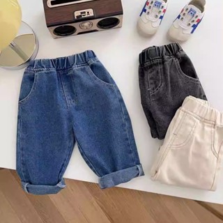 กางเกงยีนส์สีทึบสำหรับเด็ก สไตล์เกาหลี นุ่มสบาย ใช้ได้ทั้งฤด…