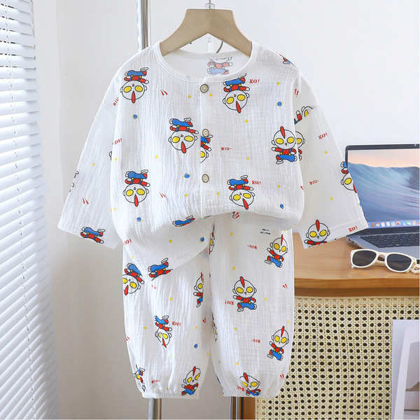 kiki baby shop ชุดนอนเด็ก ชุดนอนแขนสั้น ชุดนอนเด็กอุลตร้าแมนชุดเด็กฤดูร้อนผ้าก๊อซสองชั้นผ้าฝ้ายแท้ผ้