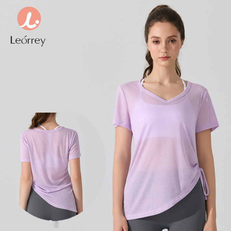 Leorrey-เสื้อยืดครอปวิ่งโยคะคอกลมเชือกผูกหลวมแขนสั้น