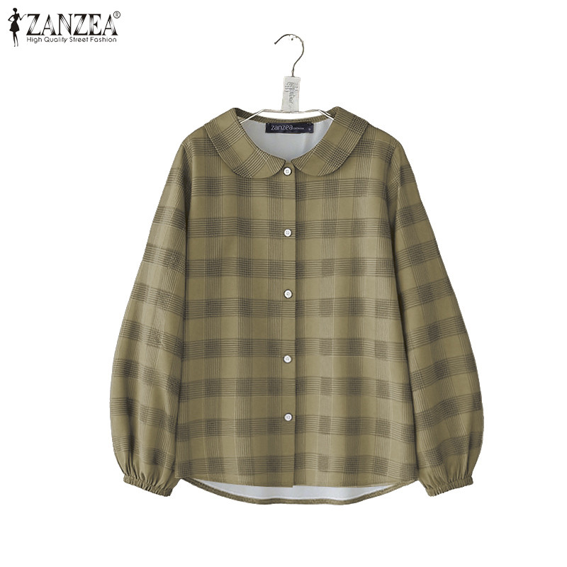 เสื้อเชิ้ตแขนยาวลายสก็อตวินเทจสไตล์เกาหลีสำหรับสตรี