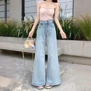S-6XL กางเกงยีนส์ขาบานสไตล์อเมริกันสำหรับผู้หญิง ขาบาน เอวสูง ทรงเกือกม้า กางเกงขายาวเข้ารูปและหลวม