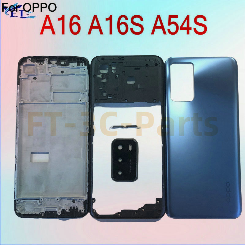 กรอบกลางสําหรับ oppo A16 A16S A54S ฝาหลังแบตเตอรี่ด้านหลังประตูแผงด้านหลังกรอบ lcd เปลี่ยนชิ้นส่วน