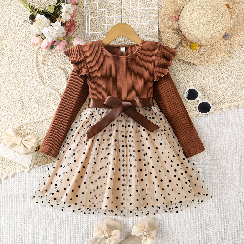 ชุดแขนยาวลายพิมพ์สำหรับเด็กหญิง อุ่นในฤดูใบไม้ร่วงและฤดูหนาว ขนาดสำหรับอายุ 3-8 ปี ลายจุด ชุดลำลองสำหรับวันเกิด