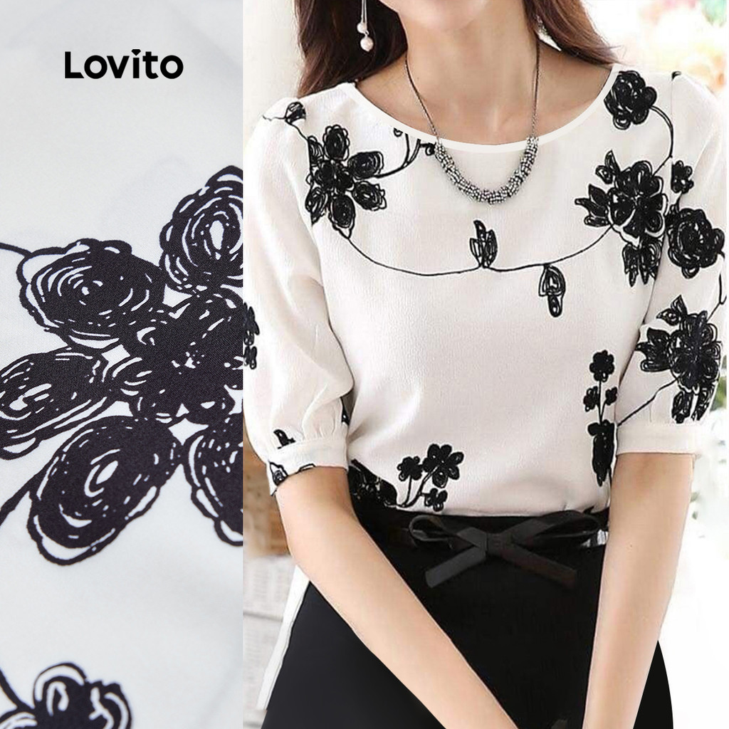 (New) Lovito เสื้อเชิ้ตหรูหรารับฤดูใบไม้ผลิ/ฤดูร้อน เสื้อเชิ้ตขาวดำสำหรับผู้หญิง L143ED033