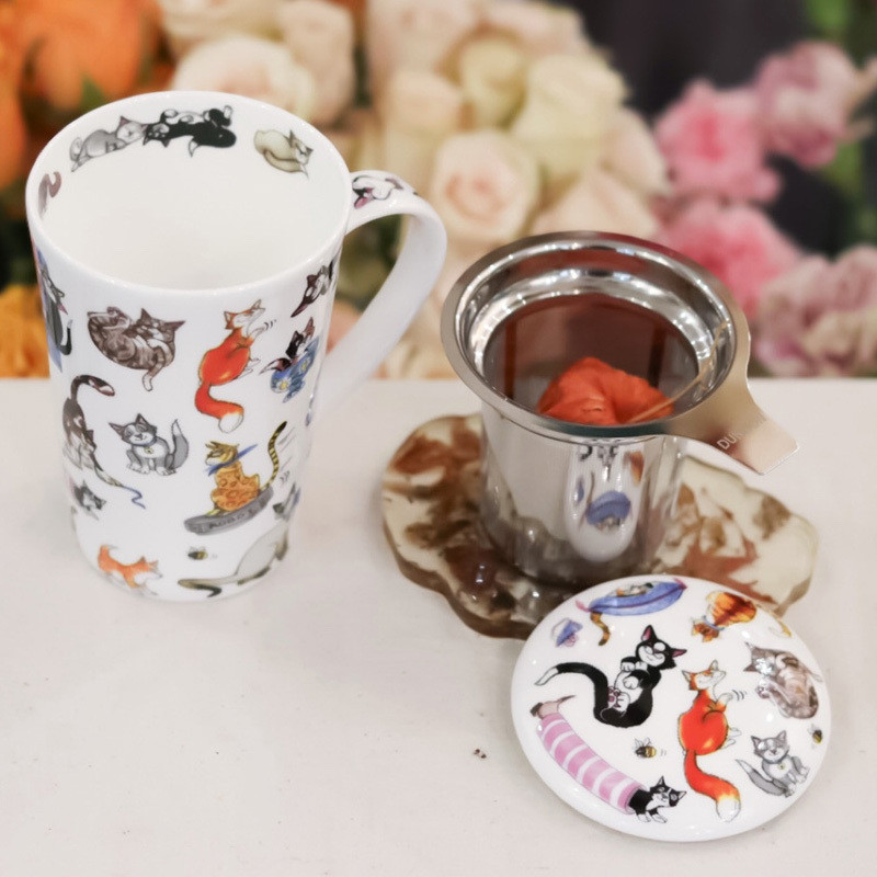 DUNOON DUNOON Cat Bone China ถ้วยพร้อมฝาปิดแก้วกรองถ้วยชายุโรปหรูหราถ้วยน้ําของขวัญให้