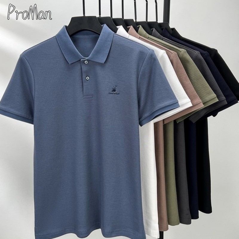 ⚡ProMan⚡เสื้อโปโลผู้ชาย สไตล์ธุรกิจ  เรียบง่าย  เย็บปักถักร้อย  แขนสั้นลำลอง